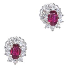 1.30 Carat GIA Certified Ruby Diamond Halo Gold Cluster Earrings 11