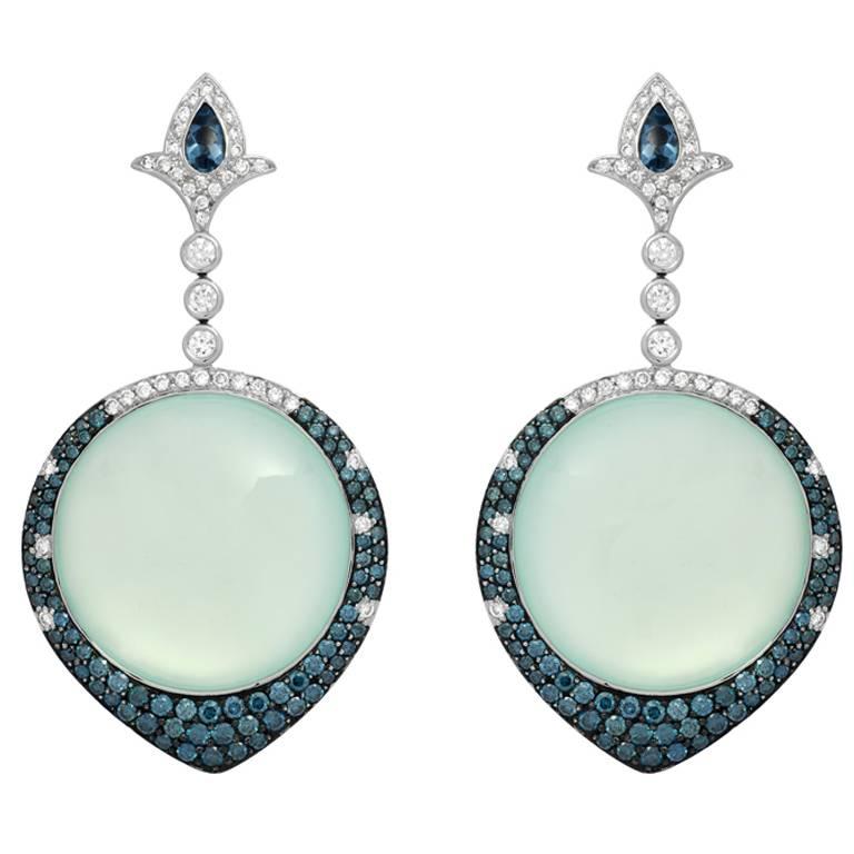 Chalcedony Blue Diamond White Diamond Gold Drop Earrings