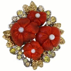 Coral Diamond Pearl Gold Ring