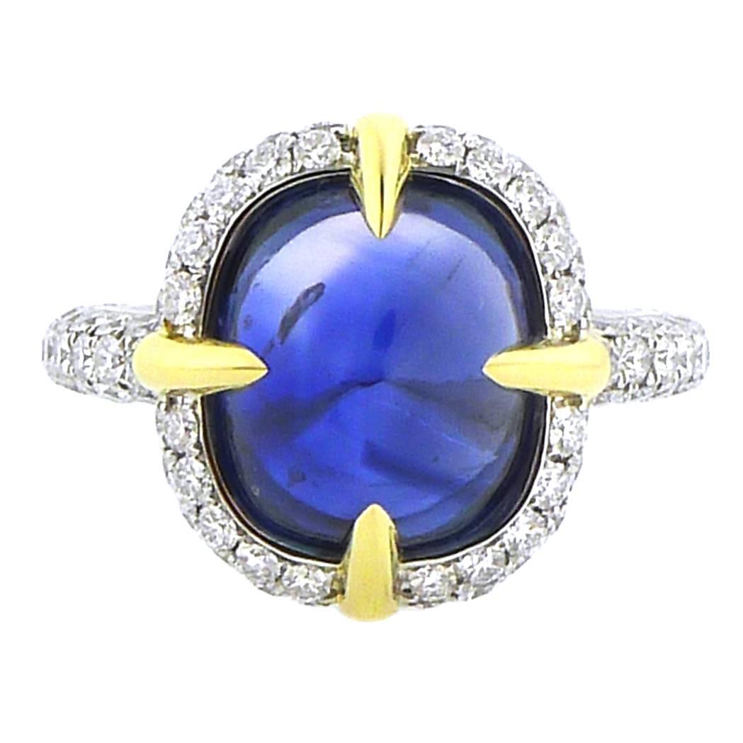 Sugarloaf Cabochon Sapphire Diamond Ring For Sale