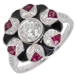 GIA Certified Black Enamel Ruby Diamond Platinum Cluster Cocktail Ring