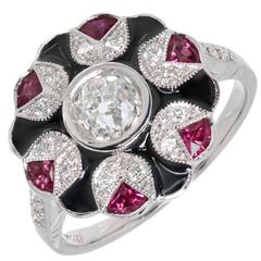 GIA Certified Black Enamel Ruby Diamond Platinum Cluster Cocktail Ring 3