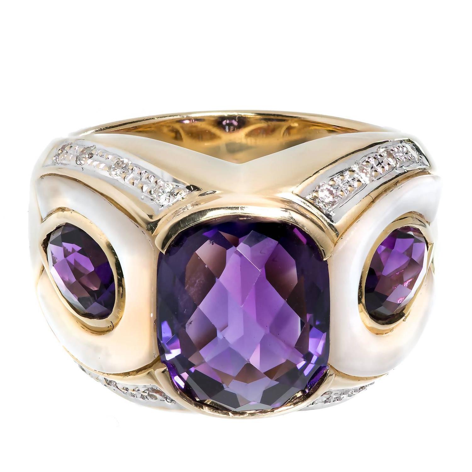 Amethyst Mother Of Pearl Diamond Gold Cocktail Ring For Sale at 1stdibs