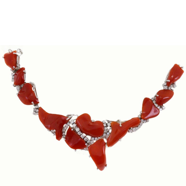 White Diamonds, Red Coral,18K White Gold Retrò Necklace For Sale