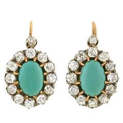 Victorian Cabochon Turquoise Diamond Cluster Earrings