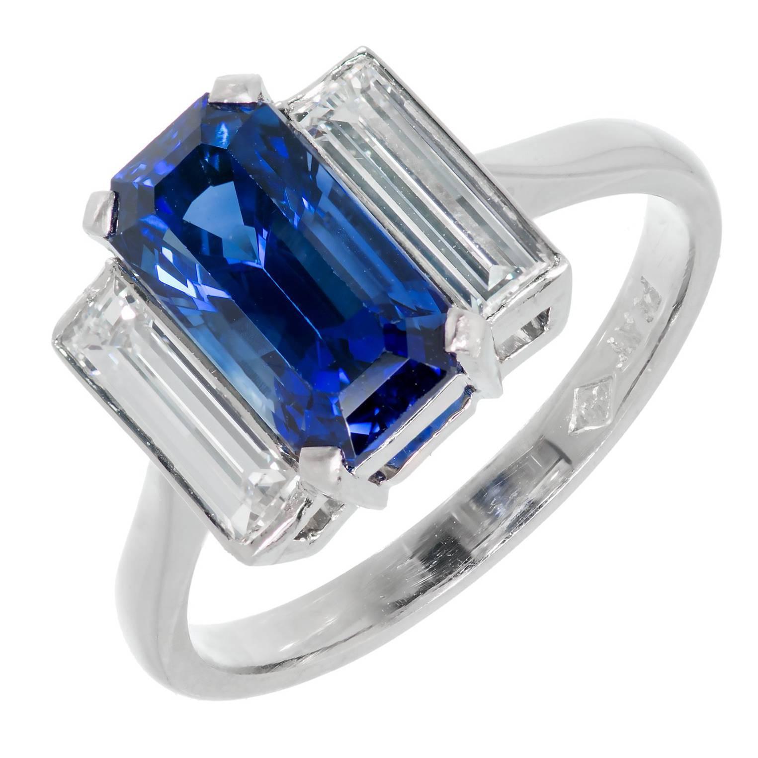 Emerald Cut Sapphire Diamond Platinum Three-Stone Engagement Ring