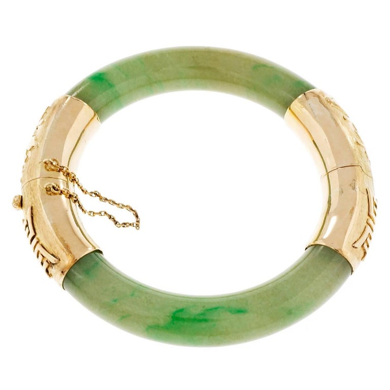 GIA Certified Natural Green Jadeite Jade Gold Bangle Bracelet at