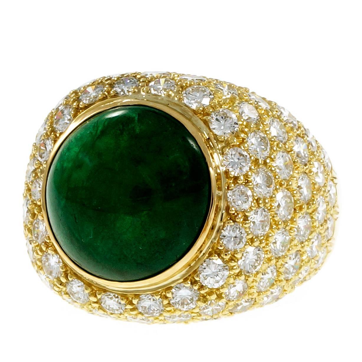 GIA Certified 9.11 Carat Green Cabochon Emerald Diamond Dome Gold Cocktail Ring For Sale