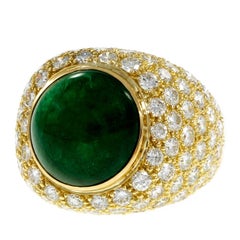 Retro GIA Certified 9.11 Carat Green Cabochon Emerald Diamond Dome Gold Cocktail Ring