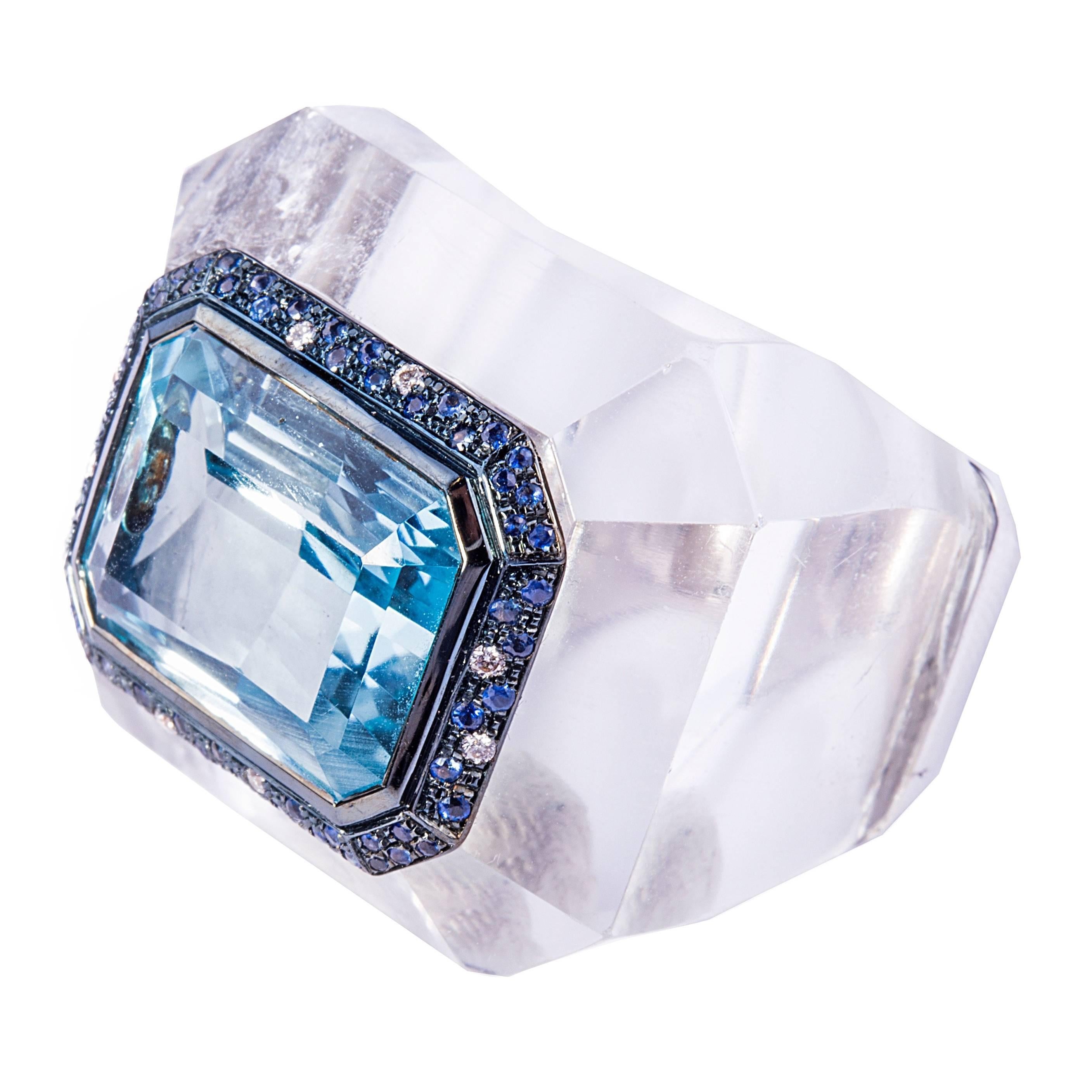 Rock Crystal and Aquamarine Ring For Sale
