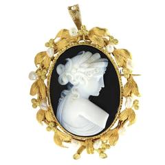 Antique Onyx Cameo and Pearl Brooch and Pendant 12