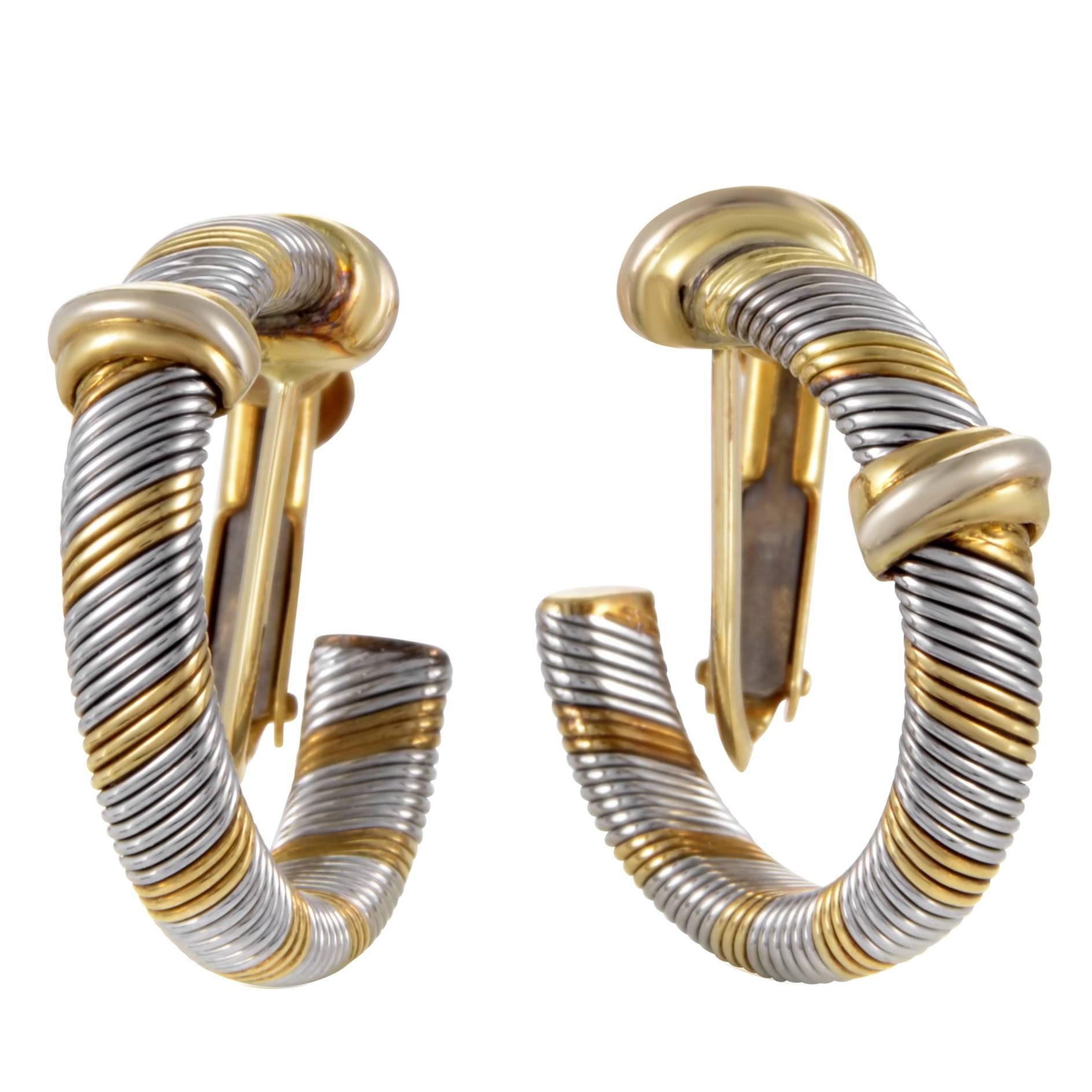 Cartier 1980s Yellow Gold Stainless Steel Hoop Earrings