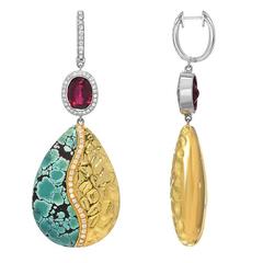 Turquoise Diamond Red Tourmaline Gold Drop Earrings 9