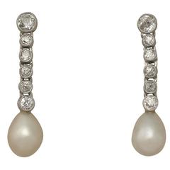 Antique 1920s Pearl and 0.88 Carat Diamond, 14 Karat White Gold Drop Earrings 