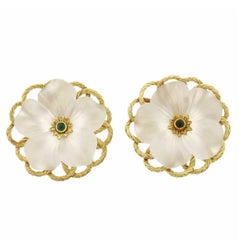 Buccellati Large Carved Crystal Emerald Gold Flower Earrings