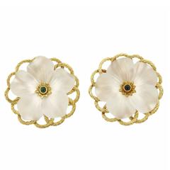 Buccellati Large Carved Crystal Emerald Gold Flower Earrings 3