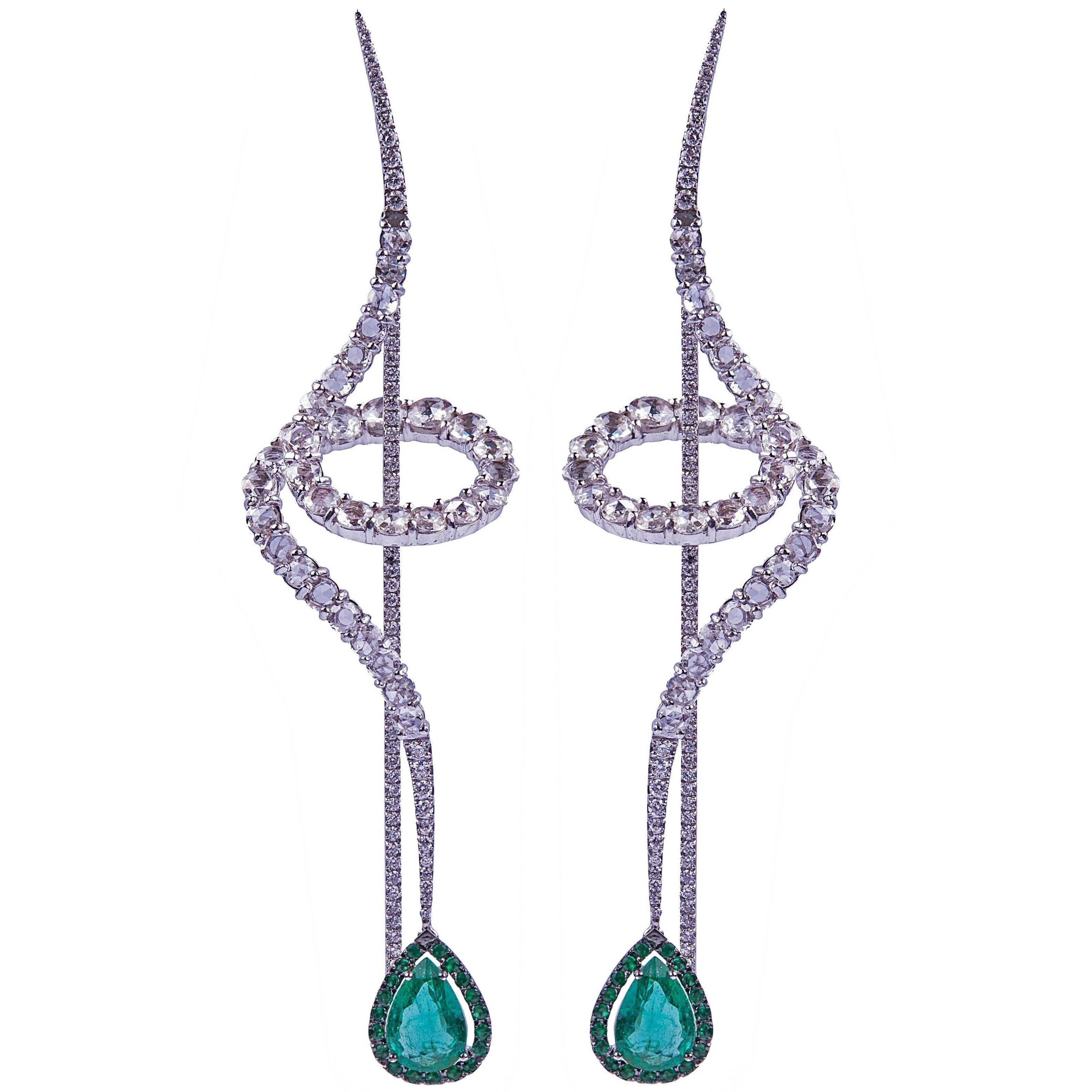 Emerald Diamond Spiral Earrings For Sale