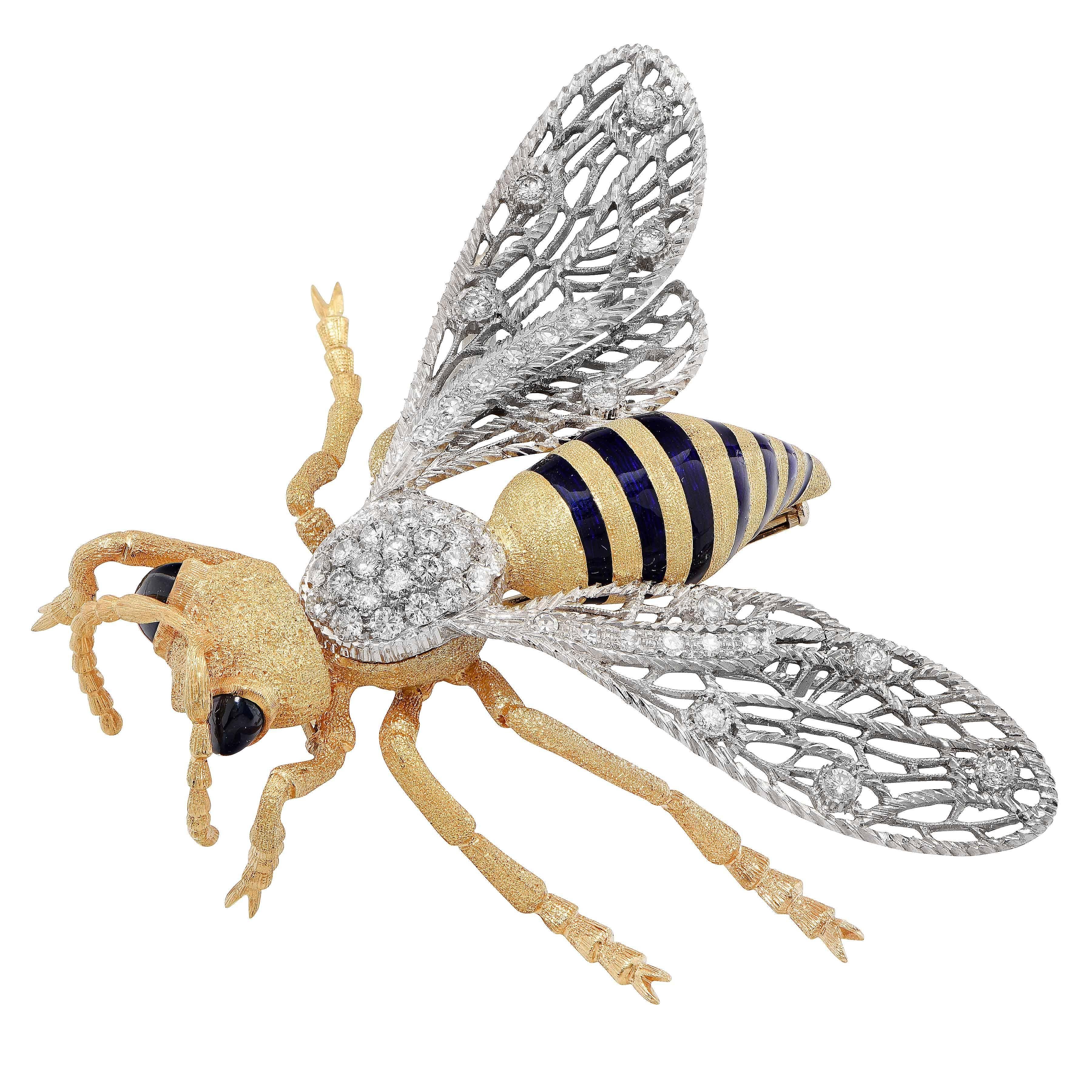 Large Buccellati Enamel Sapphire Diamond 18 Karat Yellow Gold Bee Brooch