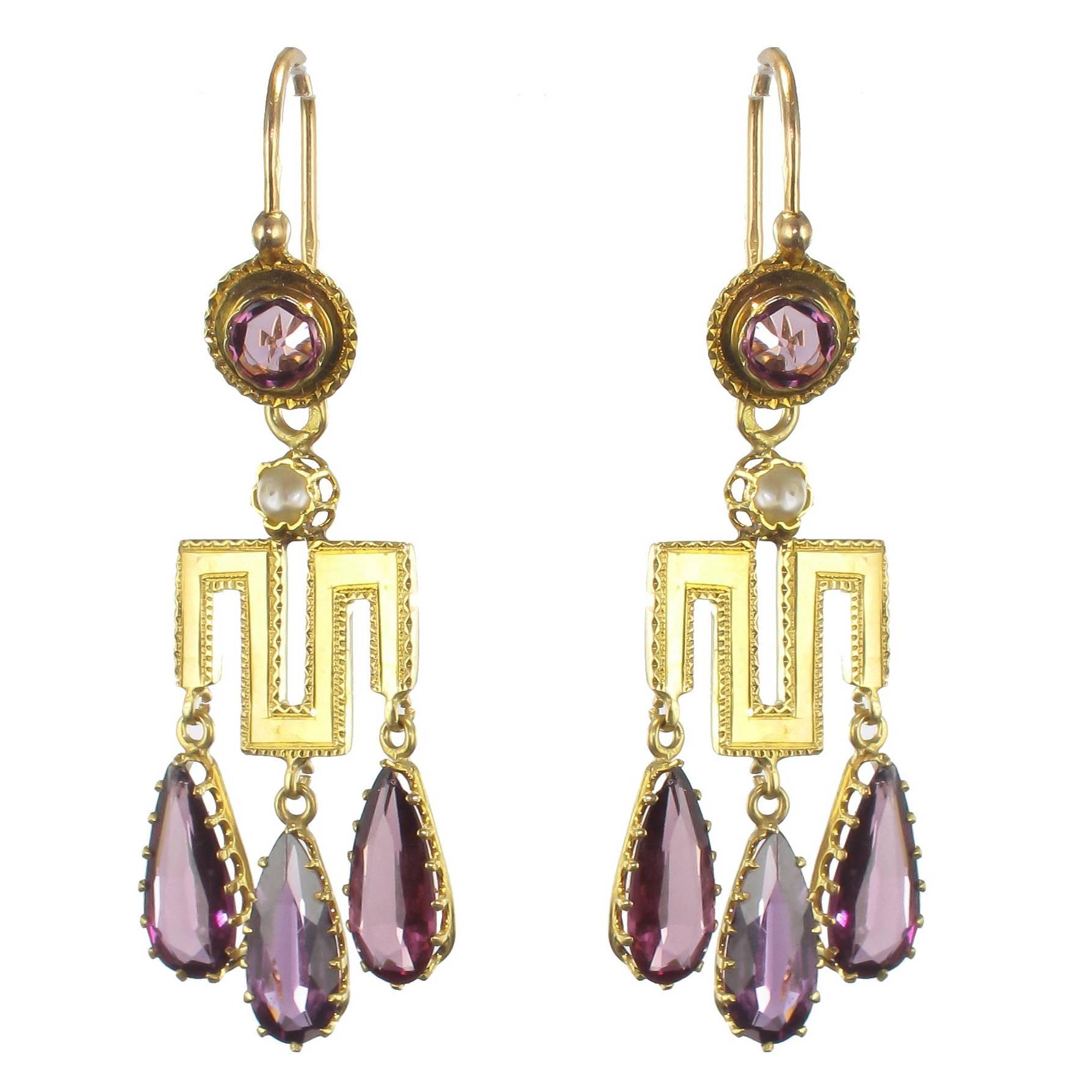 French Louis-Philippe Fine Pearl Garnet Gold Earrings 