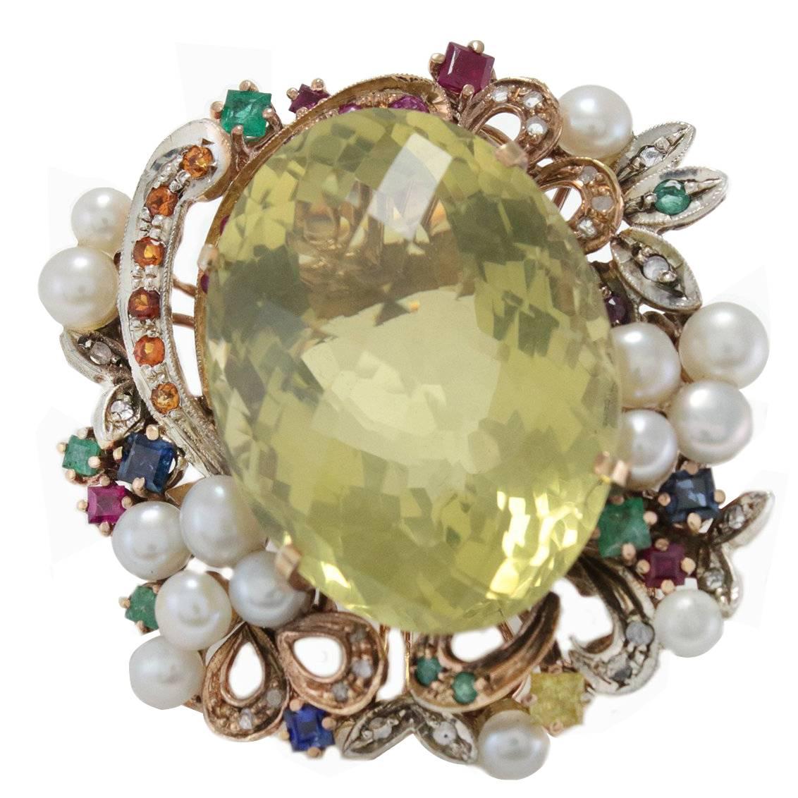 1973 Luise Topaz Pearl Multi Gem Diamond Gold Cluster Ring
