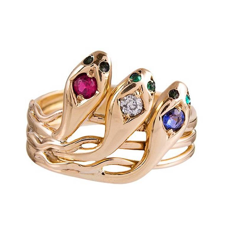 Victorian Gemstone Gold Three Snake Ring