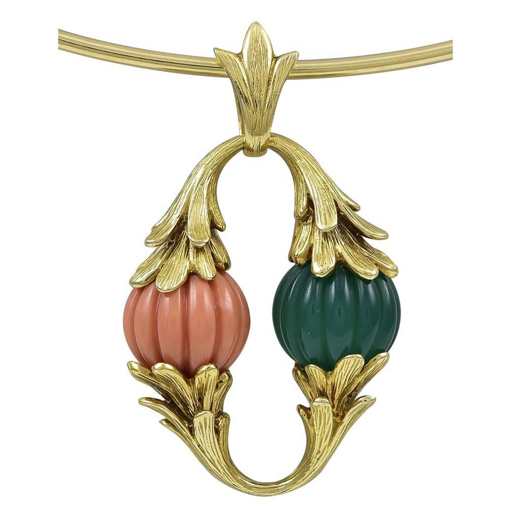 French Coral Chrysoprase Gold Pendant For Sale