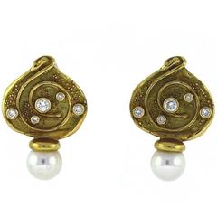 Elizabeth Gage Diamond, Pearl, and Gold Earrings