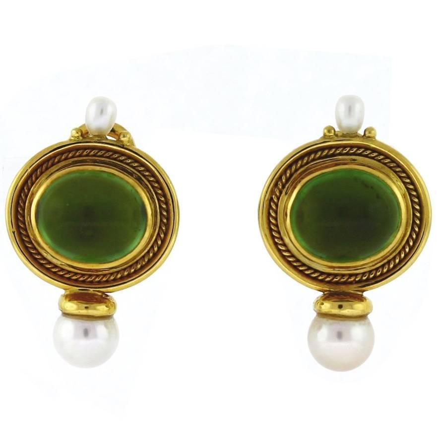 Elizabeth Gage Peridot and Pearl Gold Earrings