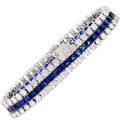 9 Carat Diamond Sapphire Three Row White Gold Bracelet