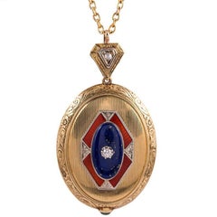 Antique American Art Deco Enamel Lapis Diamonds gold Pendant 