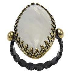 Large Marquise Moonstone Ring set in Oxidized Sterling Silver and Gold 12