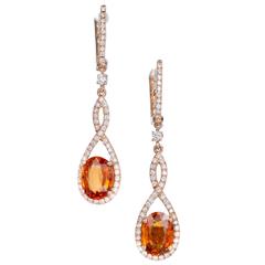 Orange Oval Spessartite Garnet Diamond Gold Dangle Earrings 2