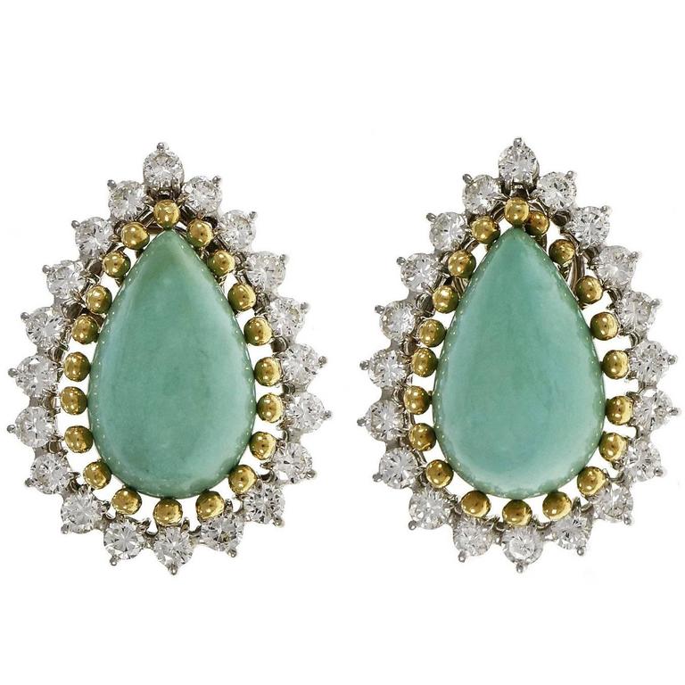 Natural Pear Turquoise Diamond Halo Gold Earrings For Sale at 1stdibs
