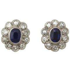 Antique 1920s 0.84Ct Sapphire Diamond 18k Gold Stud Earrings 