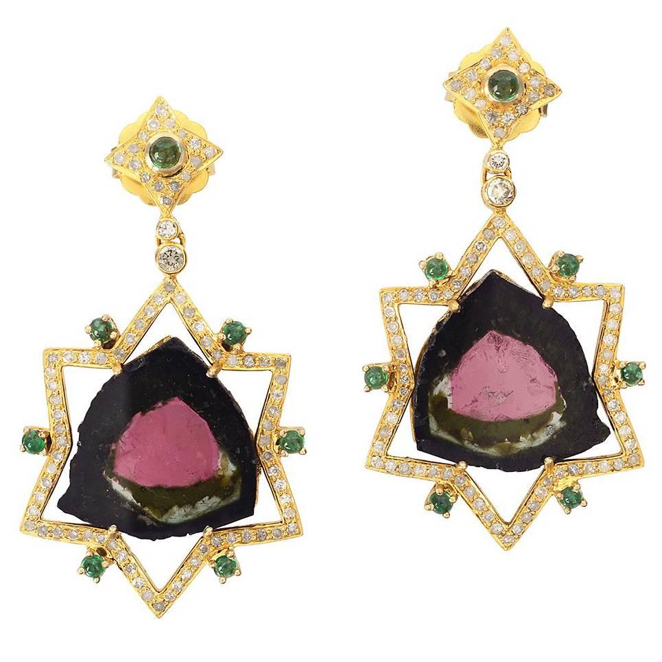 Watermelon Tourmaline Earring with Diamonds and Emerald