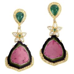 Watermelon Tourmaline Earring with Diamonds and Emerald