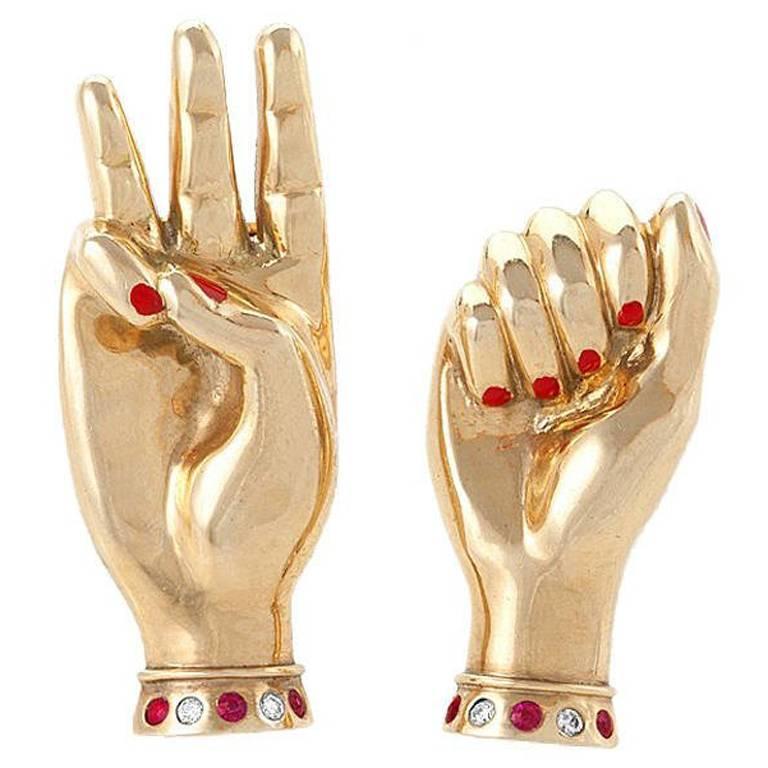 Paul Flato Retro Gold Sign Language Brooch For Sale at 1stdibs