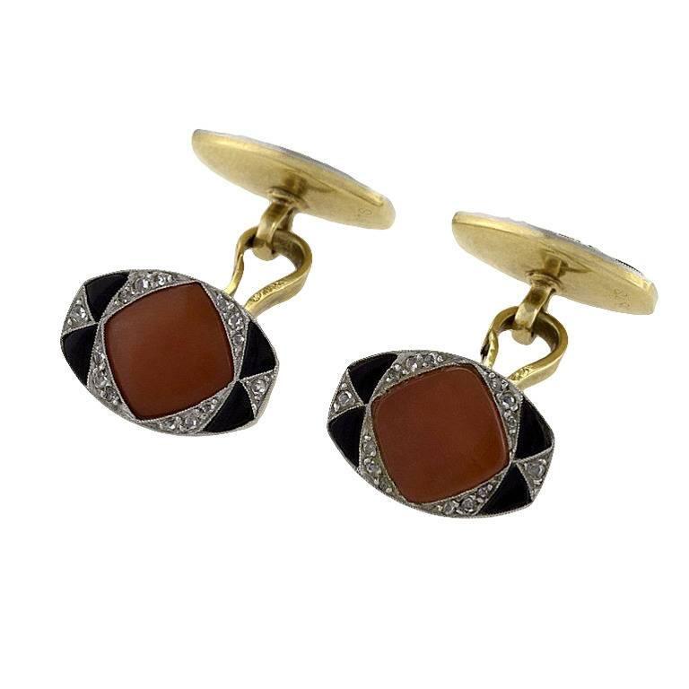French 1920s Art Deco Onyx Coral Diamond and Gold Cuff Links