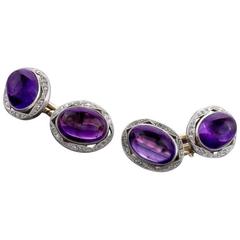 Antique English Edwardian Amethyst Diamond Platinum and Gold Cufflinks