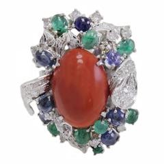 Coral Sapphire Emerald Diamond Gold Ring