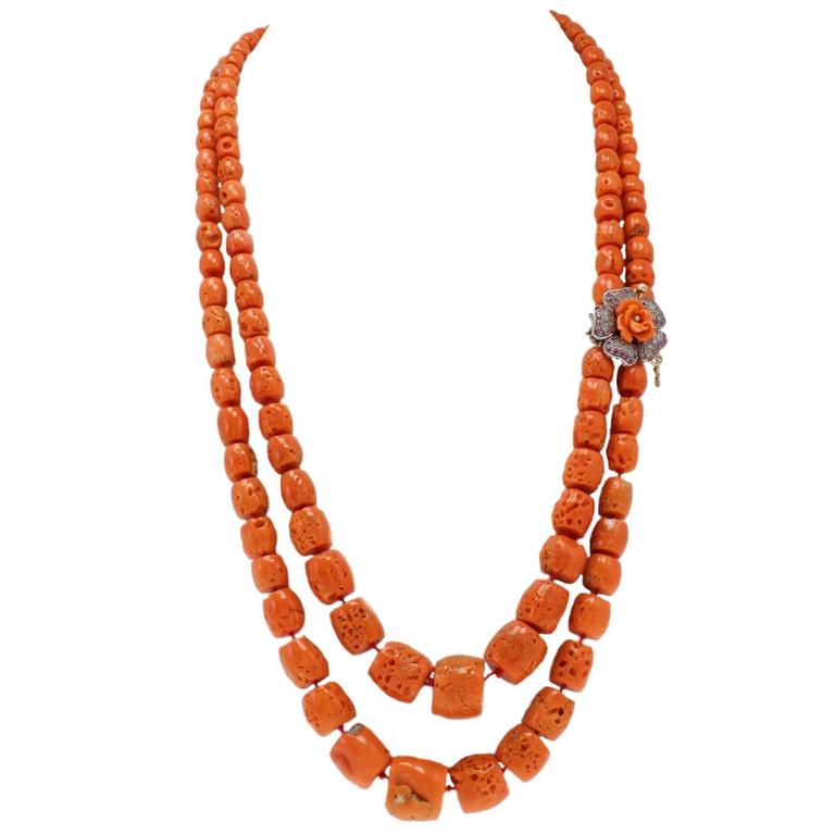 Italian Coral Gold and Silver Necklace For Sale at 1stdibs