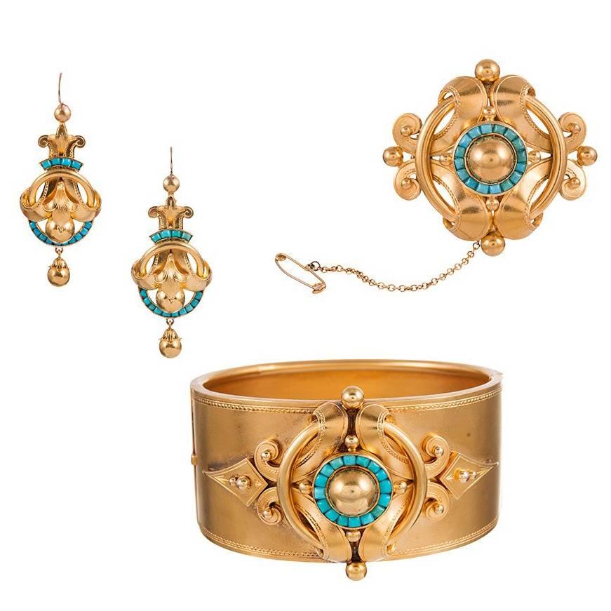 Victorian Turquoise Gold Bracelet Brooch and Earrings Suite in Original Box