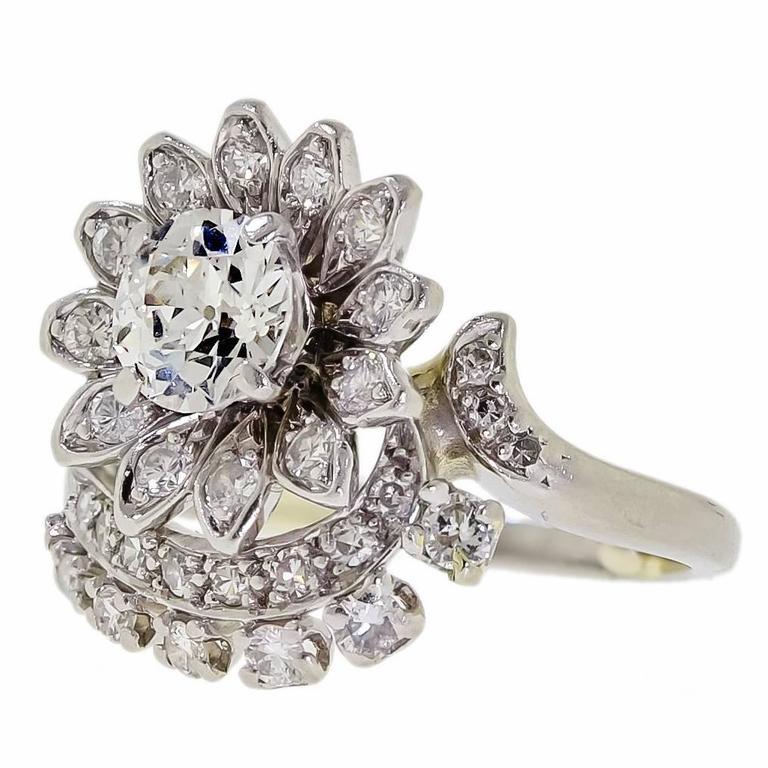 Vintage Diamond Platinum Cluster Cocktail Ring For Sale at 1stDibs
