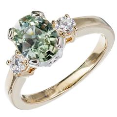 Natalie K Natural Green Sapphire Diamond Gold Three-Stone Engagement Ring 2