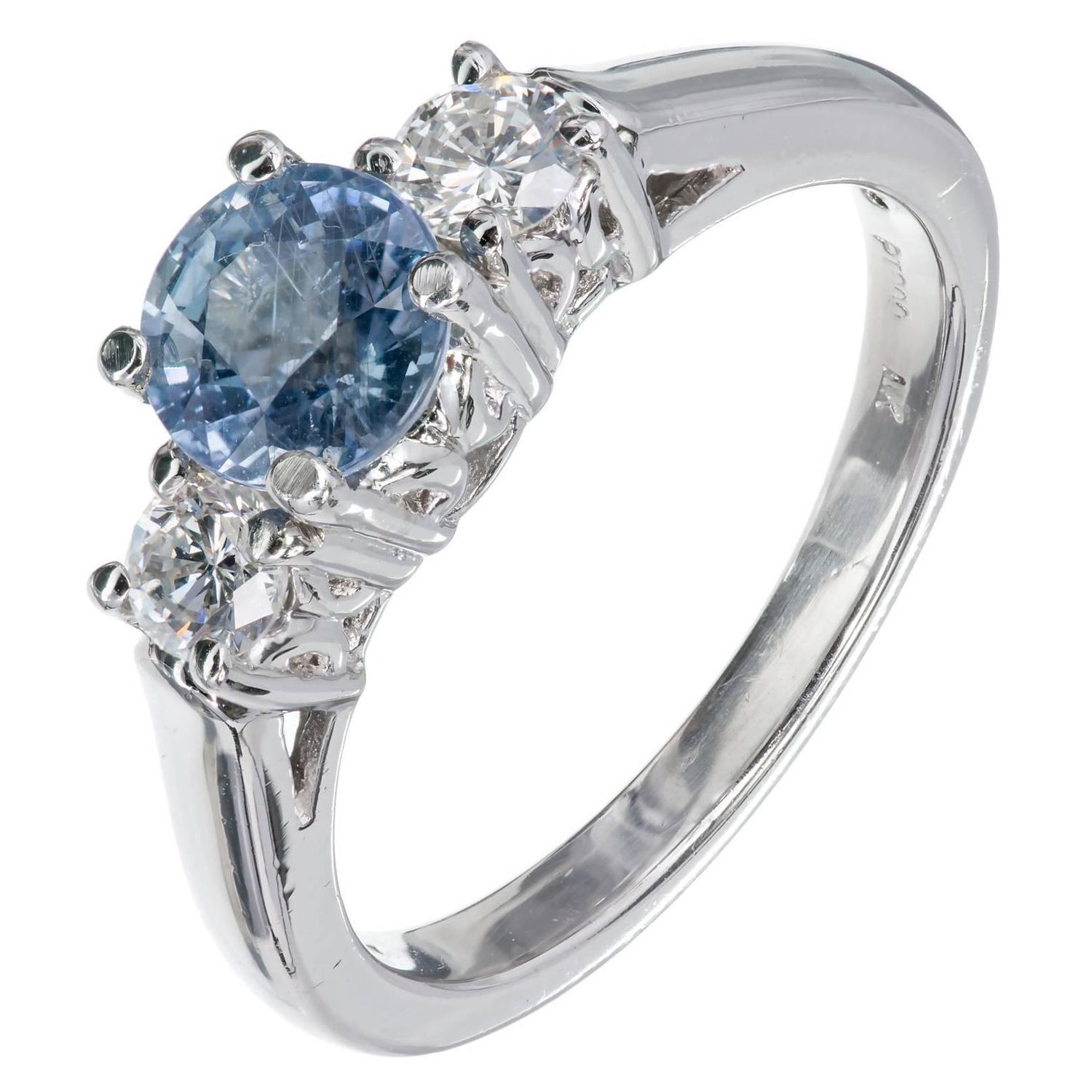 Natural Light Blue Sapphire Diamond Platinum Three Stone Engagement