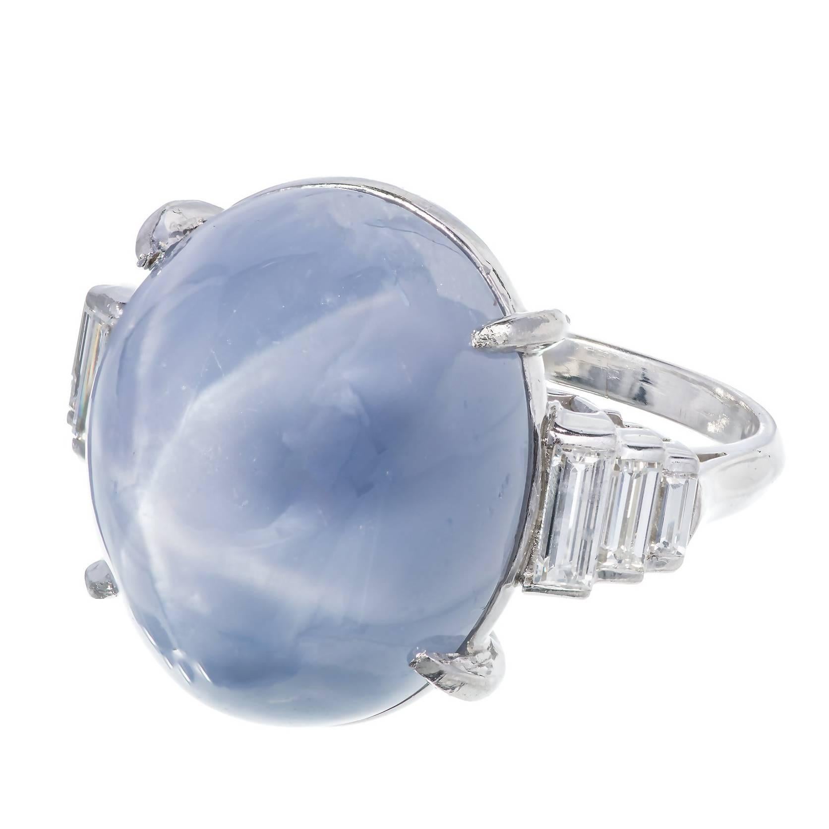 Art Deco Star Sapphire Baguette Diamond Platinum Domed Ring