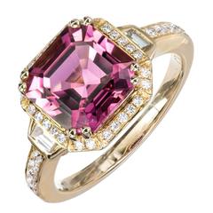 Square Pink Tourmaline Diamond Halo Gold Engagement Ring, Signed JLJ