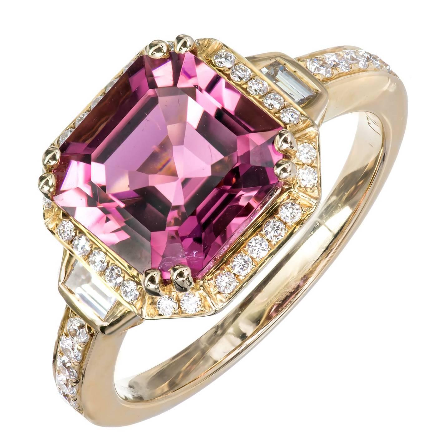 JLJ Square Pink Tourmaline Diamond Halo Gold Engagement Ring For Sale