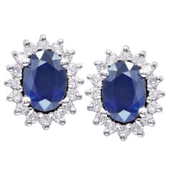 Oval Sapphire Diamond Gold Halo Stud Earrings