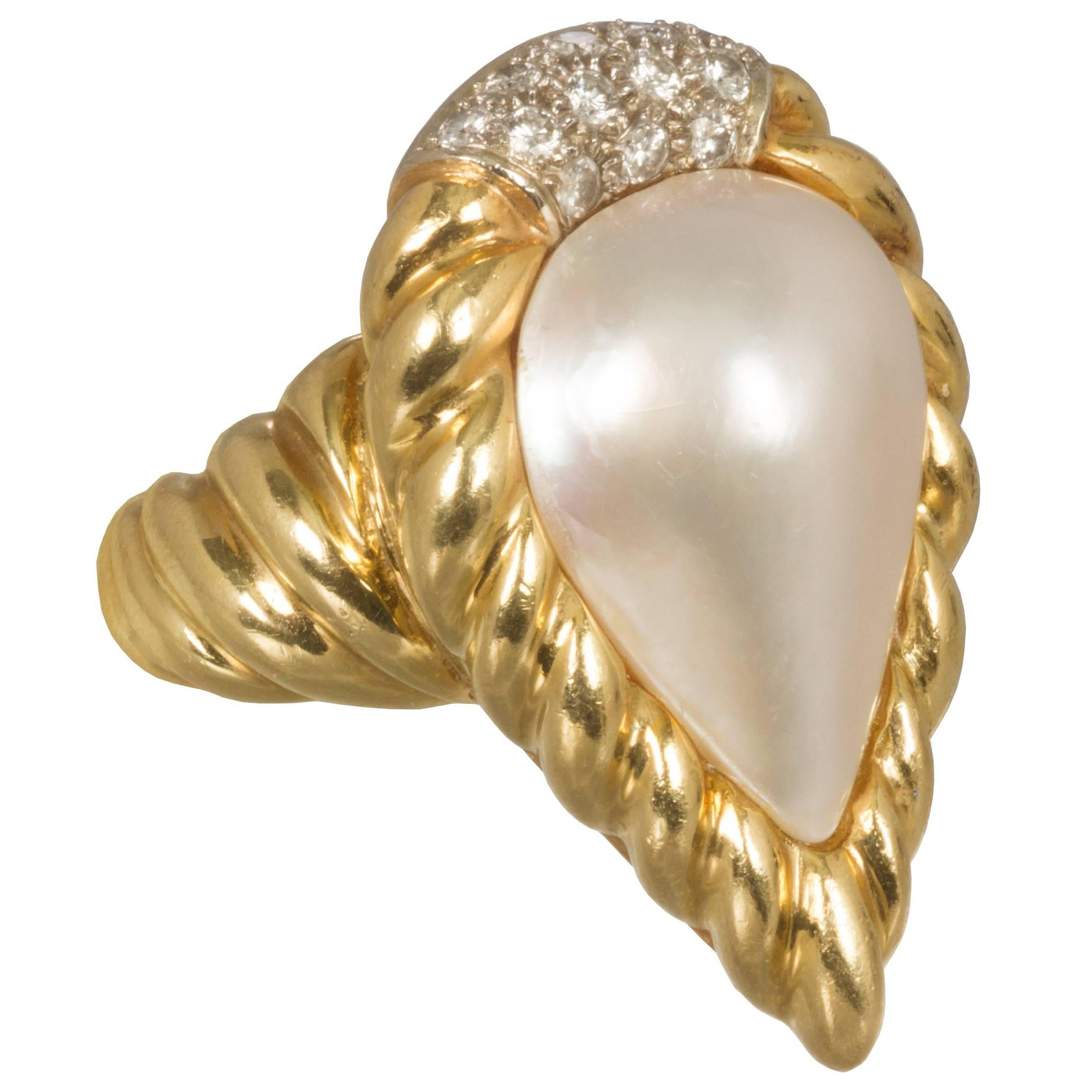 1970s R. Stone Mabe Pearl Diamond Gold Ring For Sale